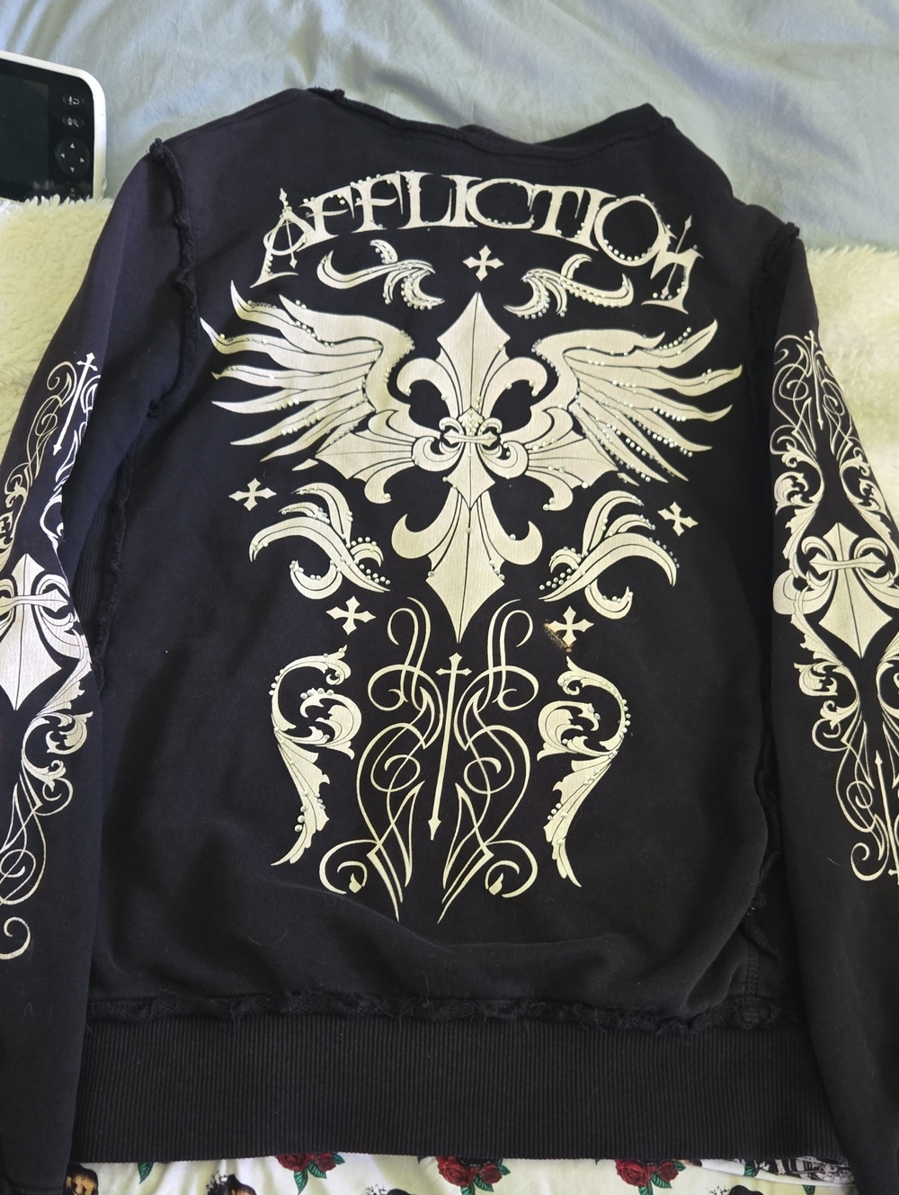 Affliction Black Bomber Jacket with Silver Crest and Wing Graphics